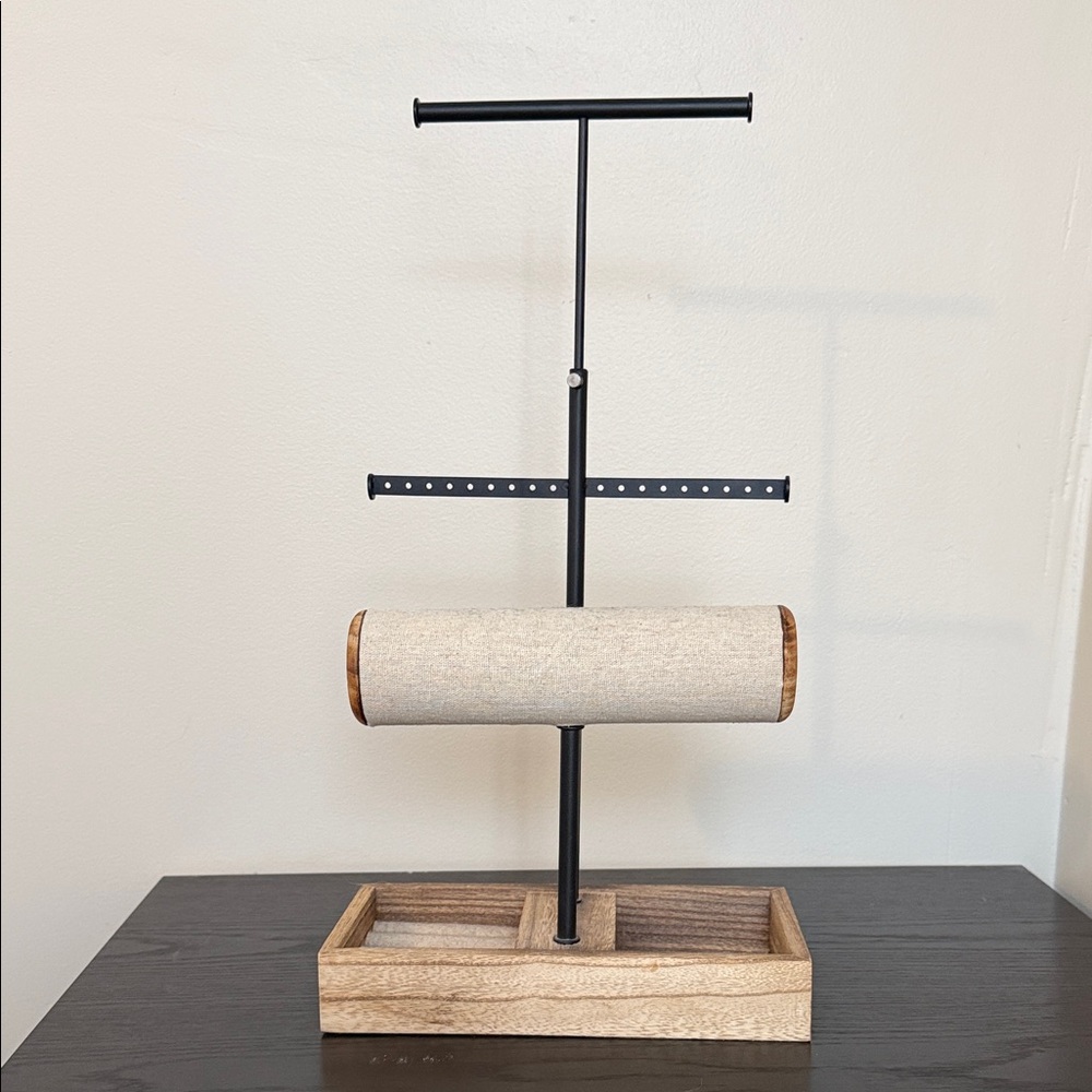 Adjustable Two-Tier Jewelry Organizer with Tray - Black and Tan